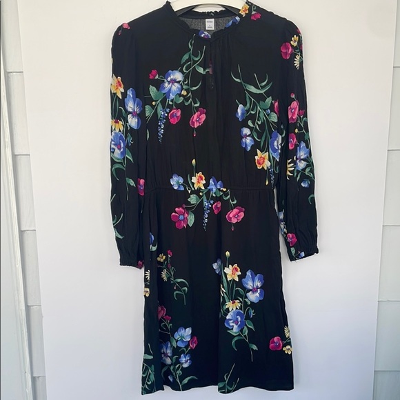 Old Navy Pink and Blue Floral Long Sleeve Black Dress with Ruffled Collar Small - Picture 1 of 12